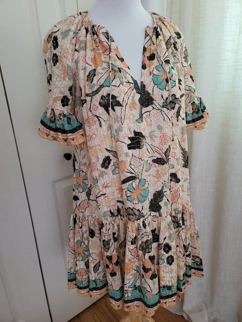 Ulla Johnson Floral Print Dress in Cream, Green and Black Size 2 Pre-owned